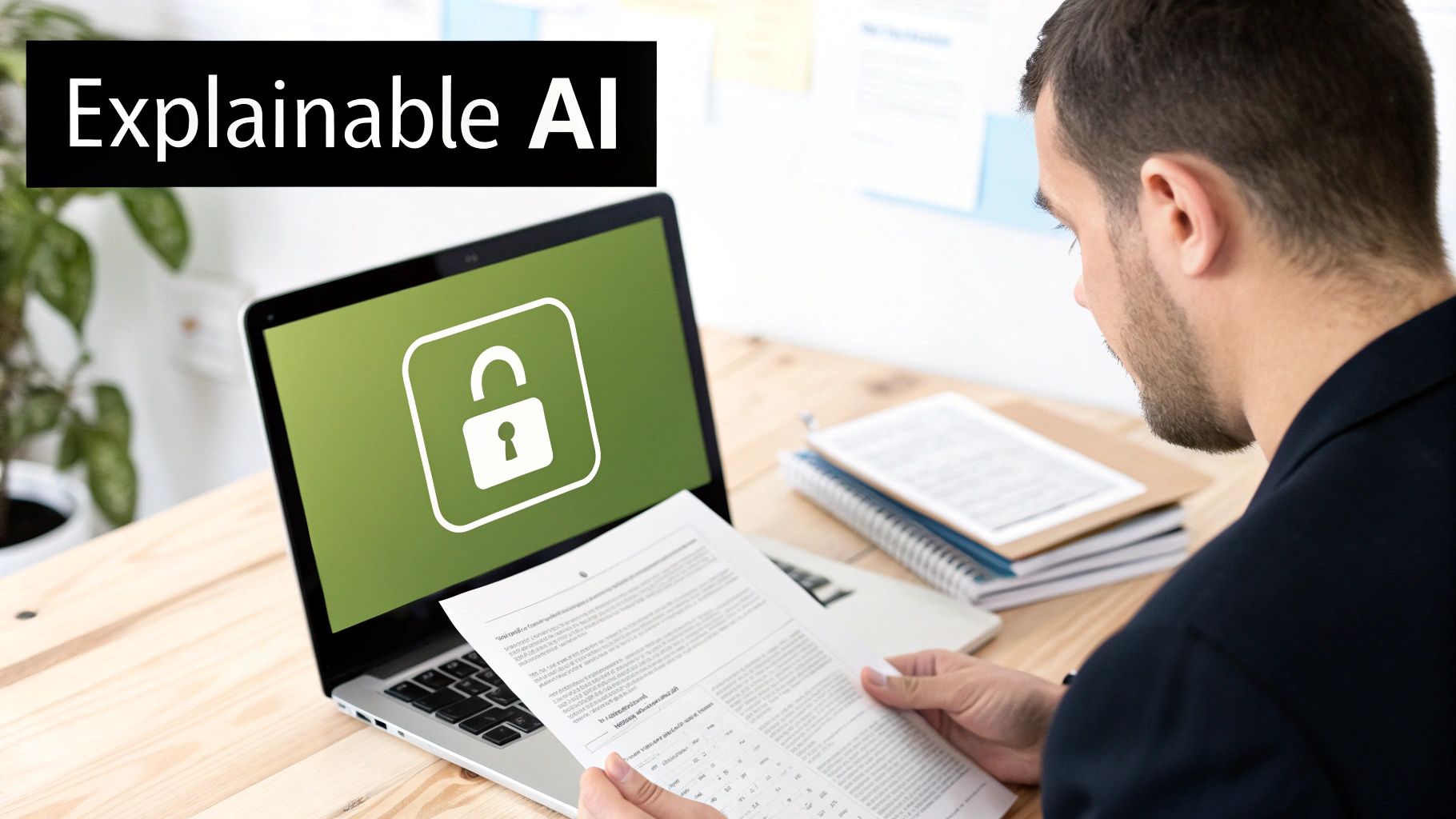 Man examining a document, with a laptop showing an unlock icon and 'Explainable AI' text.