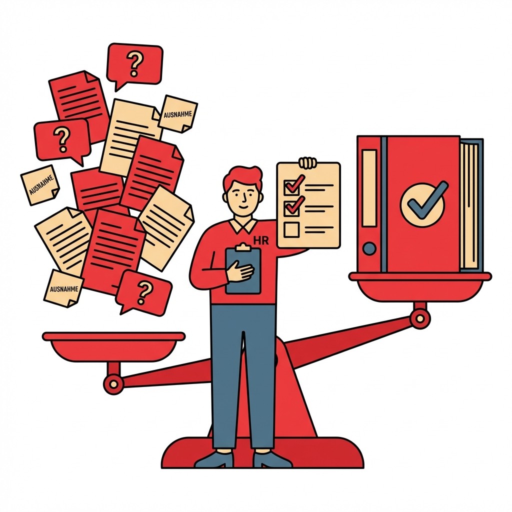 Mitarbeiter am Schreibtisch sortiert Dokumente in Ordner oder Papierkorb, im Hintergrund eine abgehakte Checkliste und ein Zahnrad.