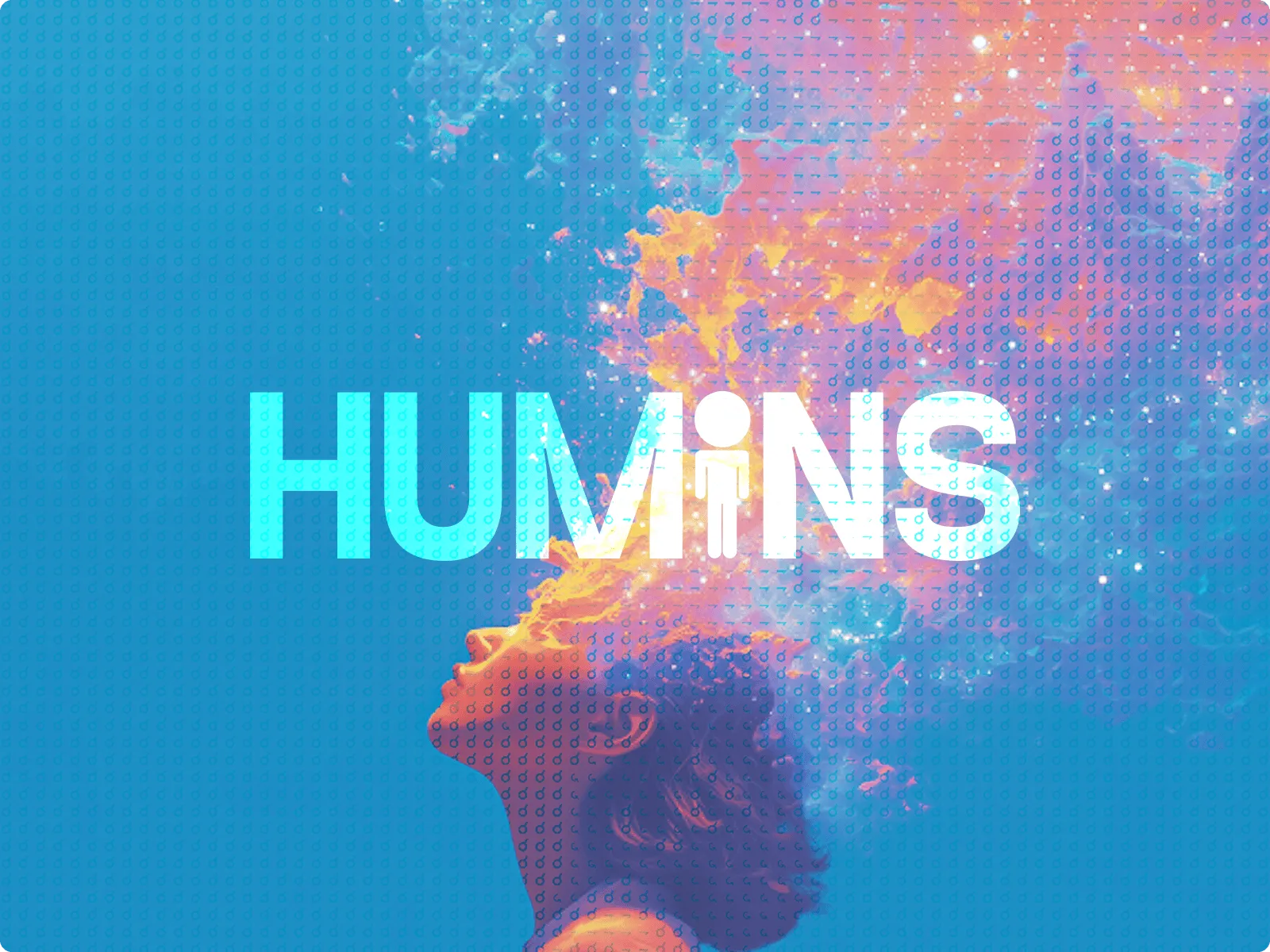 Abstract design featuring the word "HUMINS" against a vibrant blue background with colorful cloud-like formations.