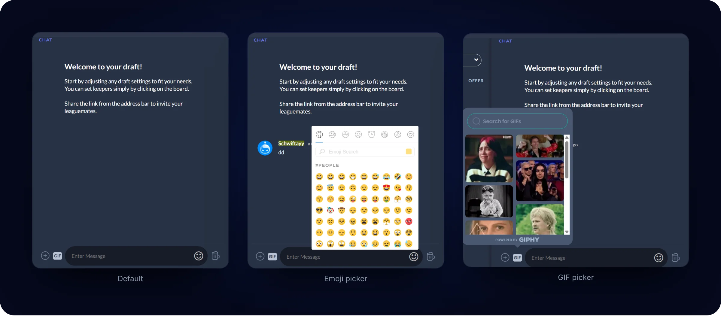 The old Sleeper web chat: the default pane, the emoji picker and the GIF picker