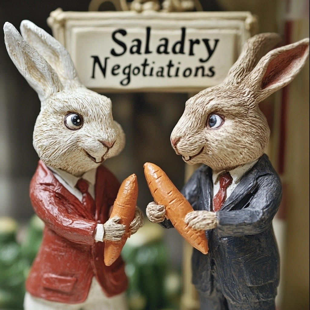 Rabbits negotiating salary with carrots