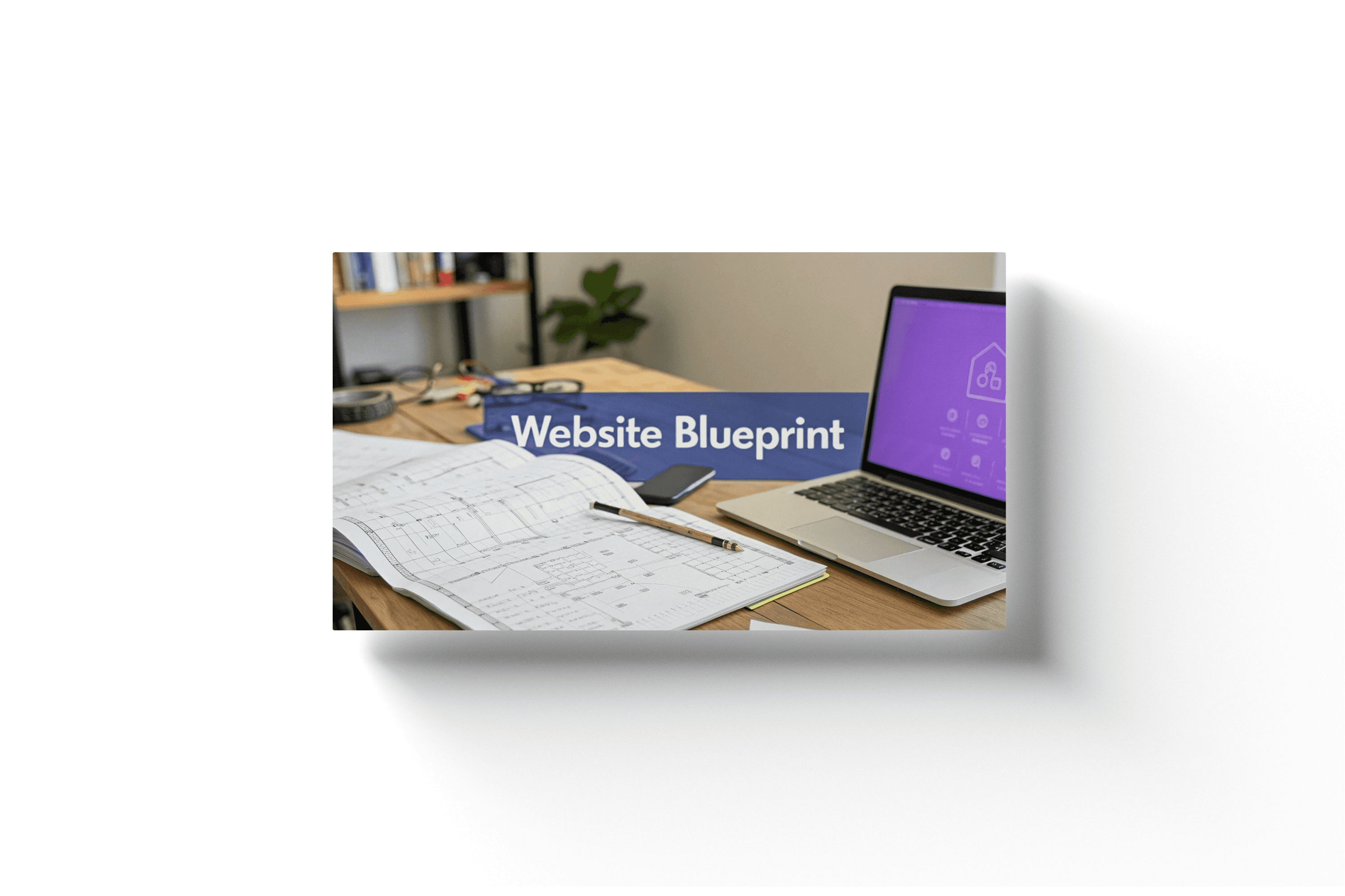 a cluttered desk with a laptop showing a purple screen and a blue banner with the text 'website blueprint'