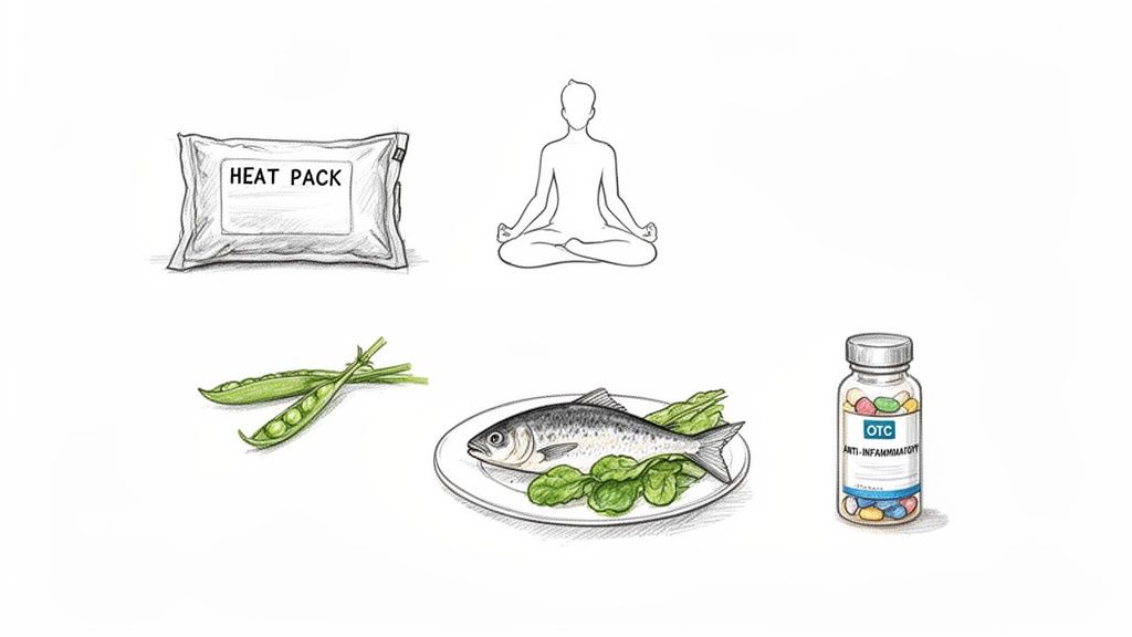 Illustrations depicting various remedies: a heat pack, meditation, peas, fish with spinach, and anti-inflammatory pills.