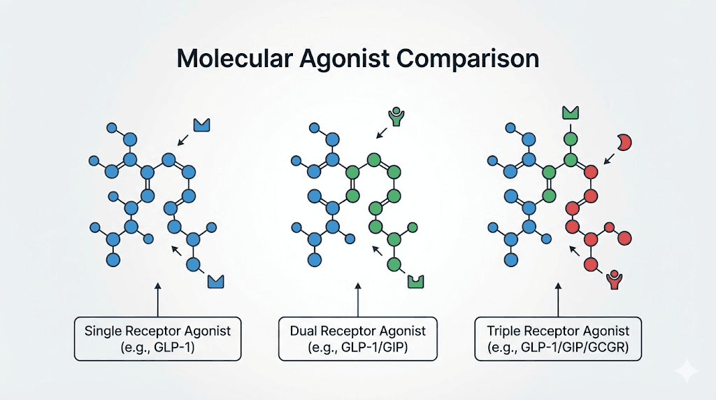 Semaglutide tirzepatide retatrutide receptor mechanism comparison diagram