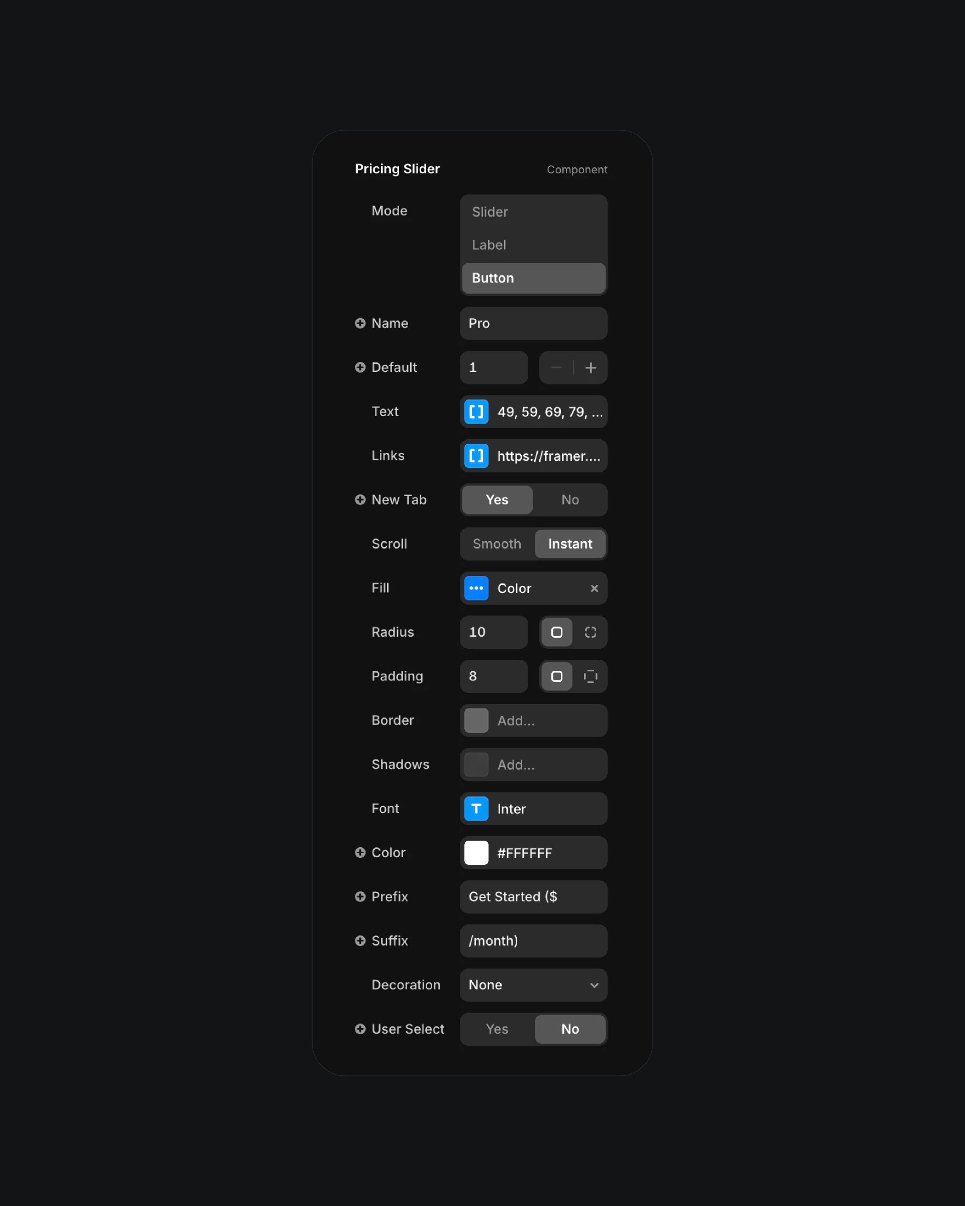 Configuration panel for a 'Pricing Slider' with settings for mode, default value, text, links, and appearance options like color, border, and font