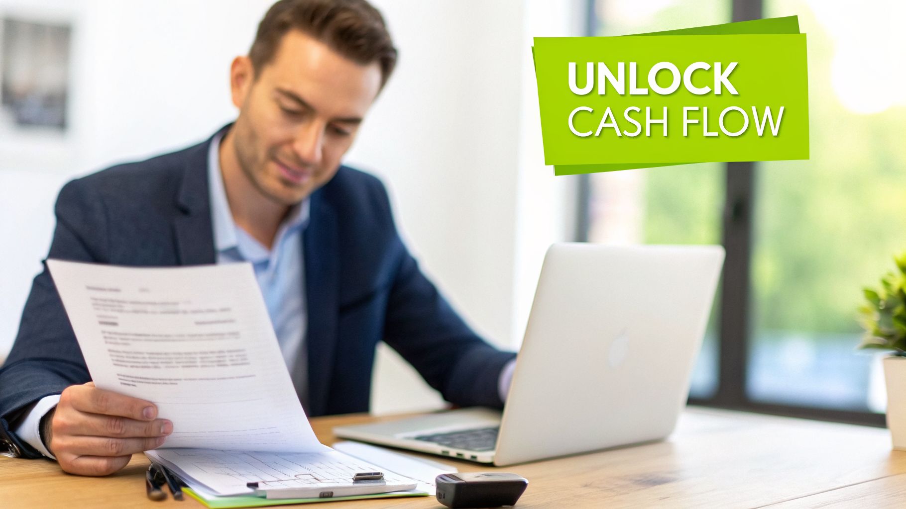 Man in a suit reviewing documents and working on a laptop with an 'UNLOCK CASH FLOW' banner.