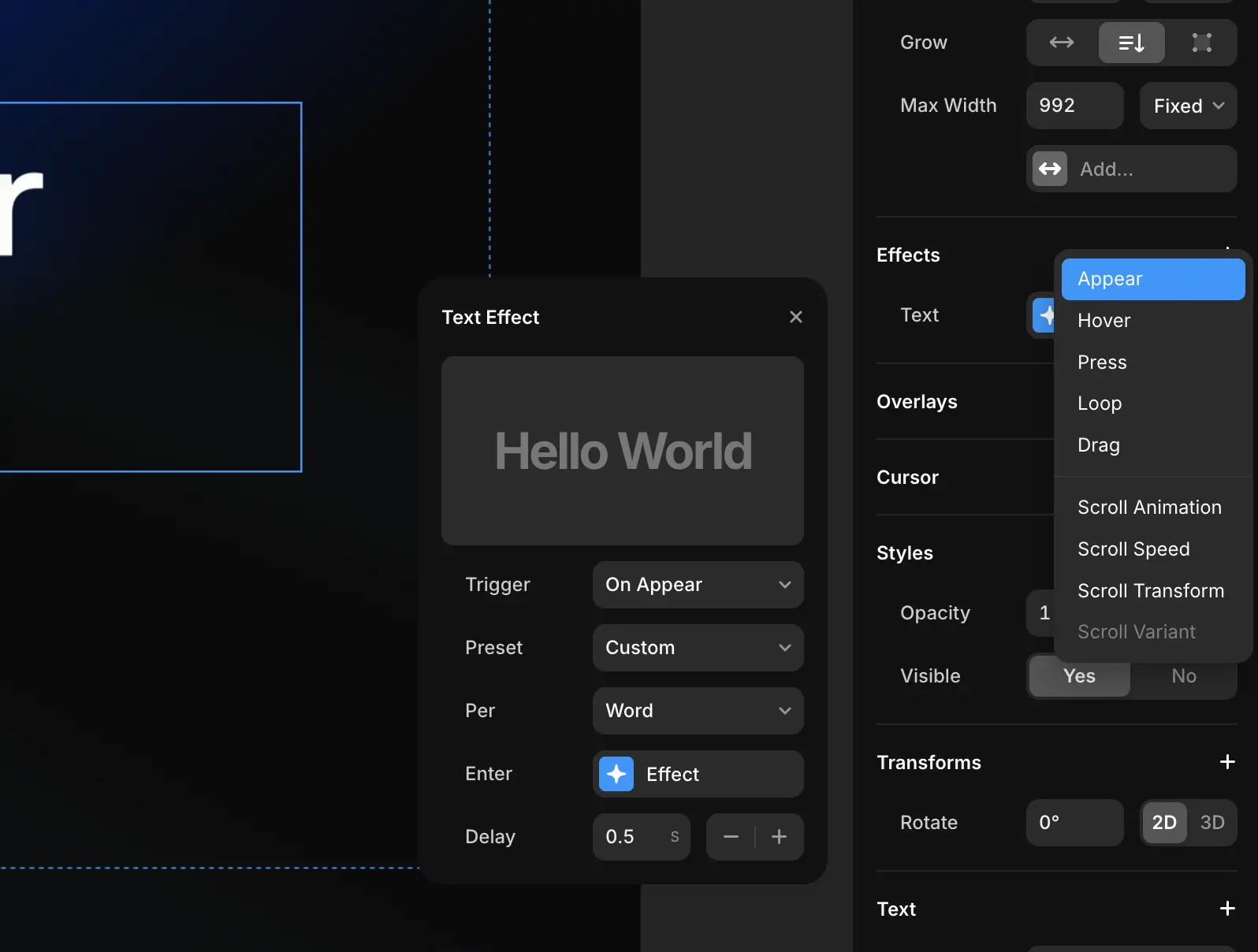 A screenshot of the animation and effect options in Framer