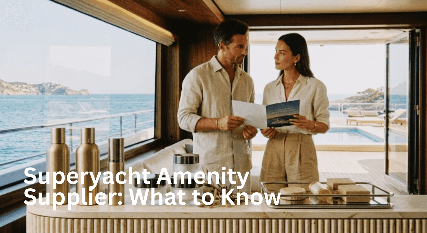 Una pareja vestida de color beige hojea un folleto en un yate de lujo. La escena muestra elegantes artículos de tocador sobre un mostrador, con vistas al océano y a una piscina exterior.