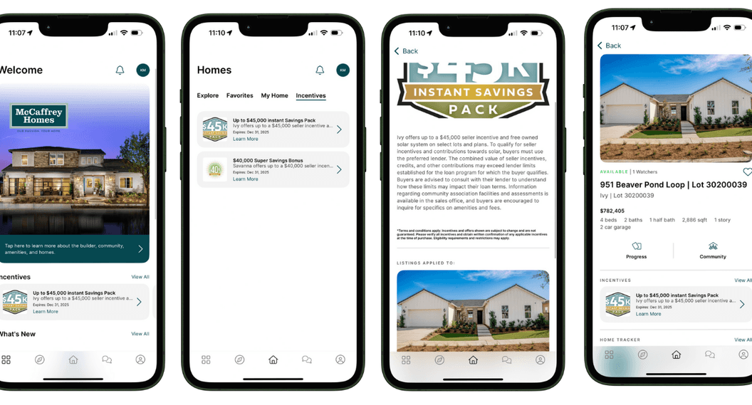 Four phone screens showing a builder app's homes, incentives and listing details