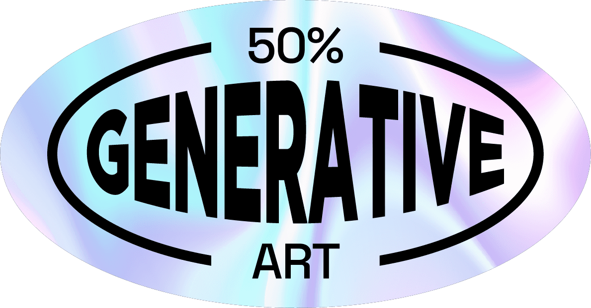 Colorful oval badge with bold text reading 50% generative art inside black outline