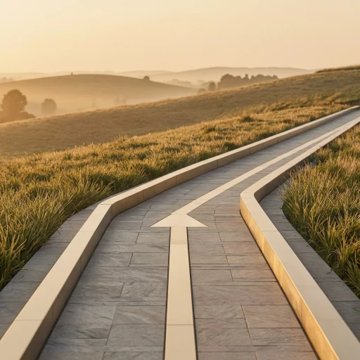First-person view of a symmetrical path with a white arrow leading into the horizon - Energy State state control metaphor