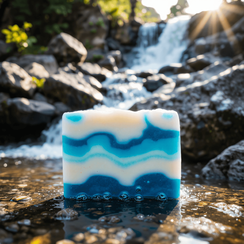 product photography of a bar of soap with blue and white colors and bubbles