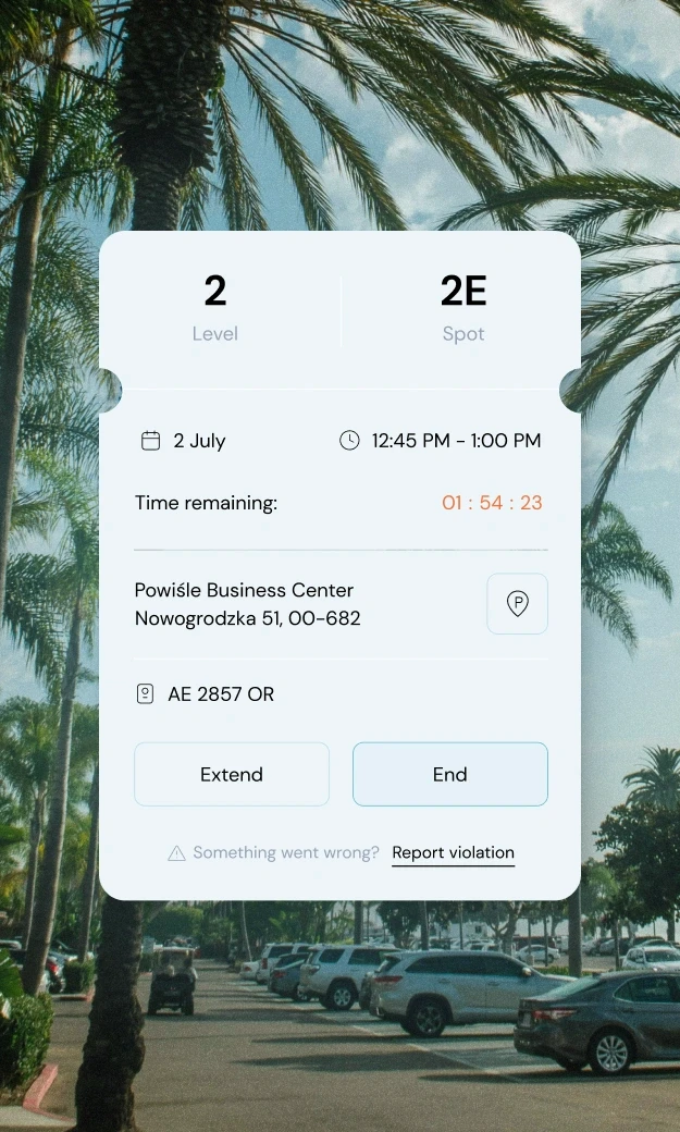 A digital parking ticket interface displayed over a background image of a sunny parking lot lined with palm trees. The interface shows details for parking on Level 2, Spot 2E, with a time remaining of 1 hour, 54 minutes, and 23 seconds. The location is listed as Powiśle Business Center, Nowogrodzka 51, 00-682. The license plate number AE 2857 OR is shown. There are buttons to extend or end the parking session, and a link to report a violation.