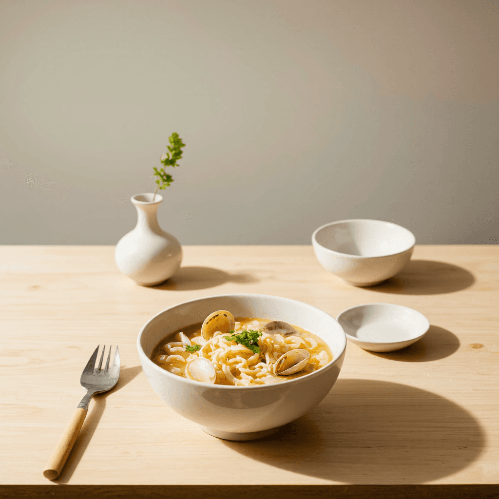 product photography of A bowl of clam noodle soup
