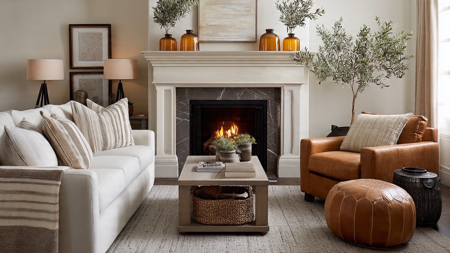 Cozy living room with a warm fireplace, beige sofa, and brown leather chair. Decor includes plants, amber vases, and a woven basket on a rustic table.