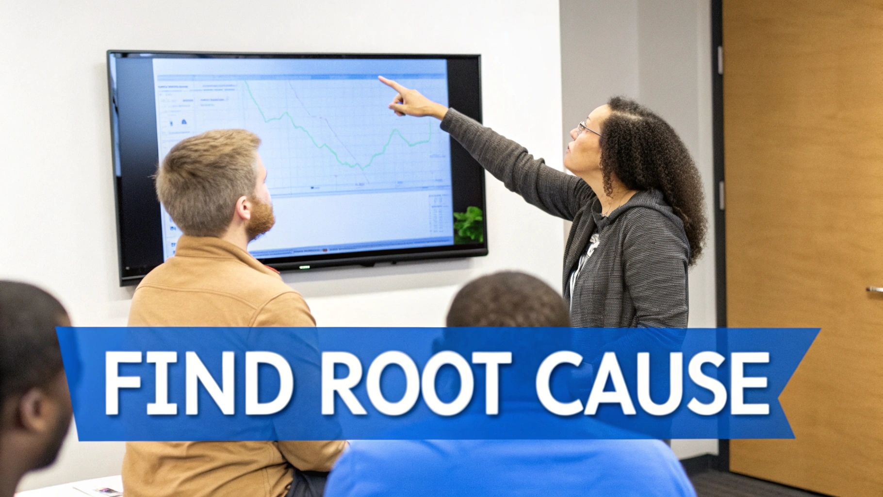 A woman with curly hair points to a chart on a large screen during a 'FIND ROOT CAUSE' business meeting.
