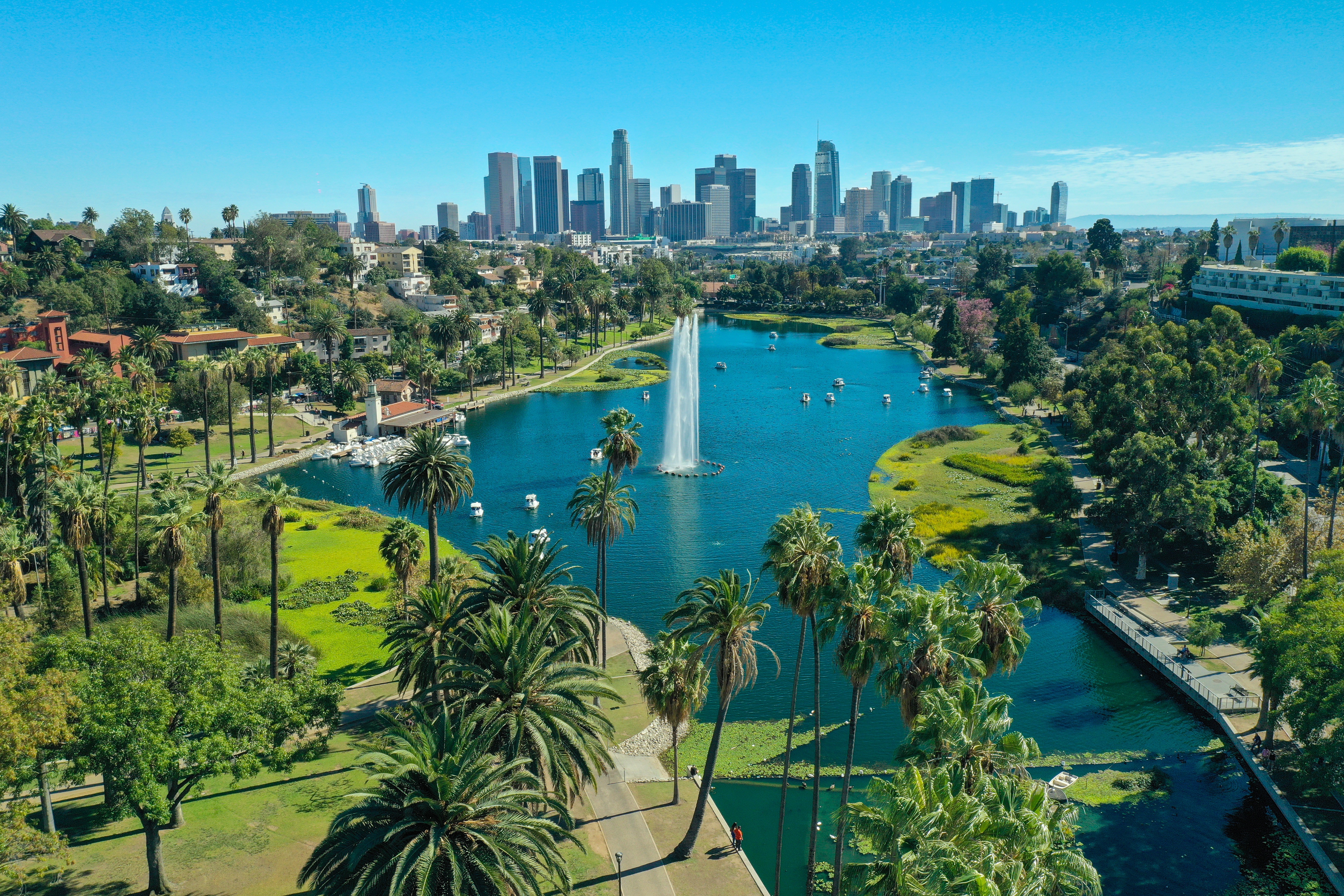 Aerial view of Echo Park Lake and downtown skyline tied to Los Angeles tenant protection laws context