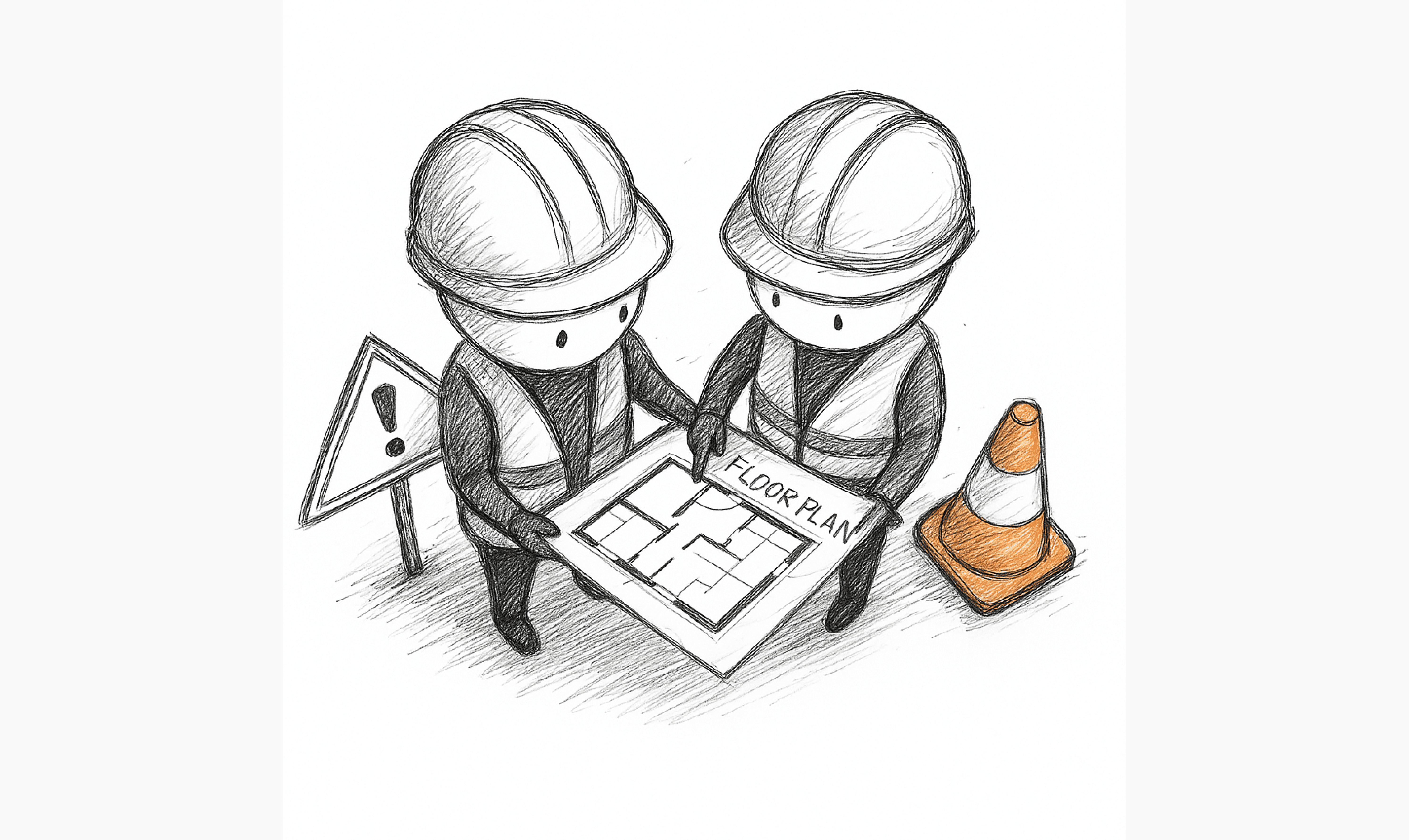 건물 설계도면을 함께 들여다보는 오피스 PM과 시공사 담당자