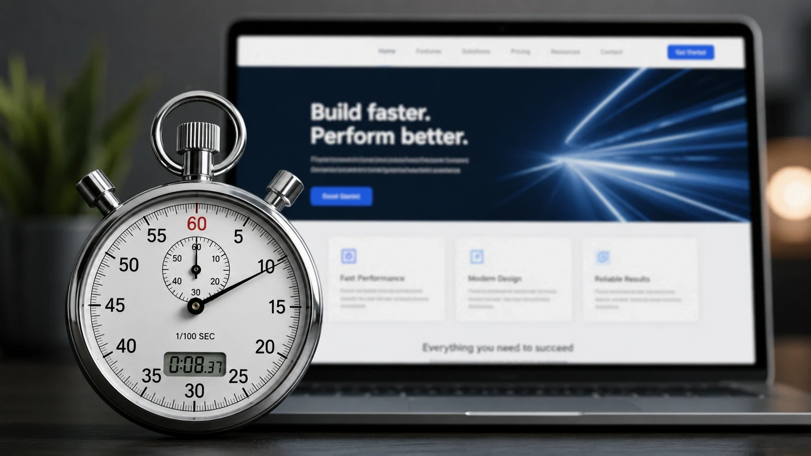  Stopwatch frozen at a fraction of a second in front of a website homepage
