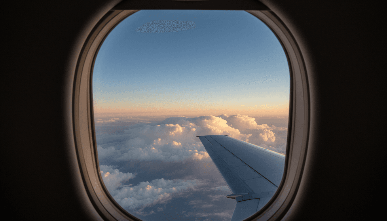 Towering summer storm clouds seen from a private jet window, calm sky above the weather — flying over seasonal storms