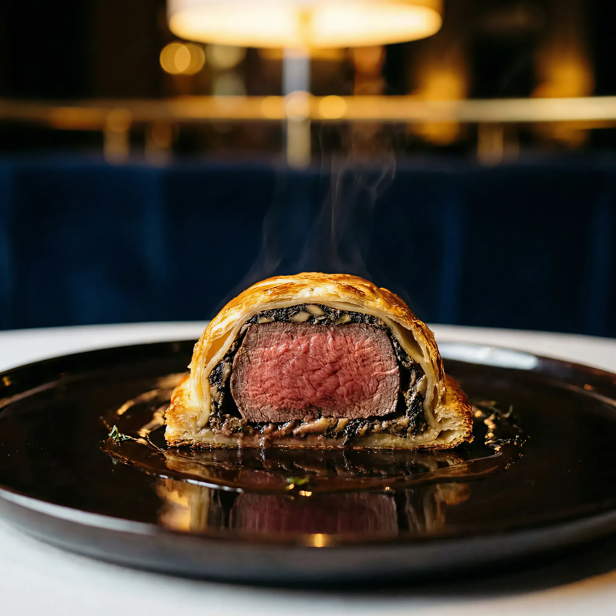 Steaming Beef Wellington slice on a dark plate. The flaky golden pastry reveals a juicy pink center, set in a warm, elegant dining atmosphere.