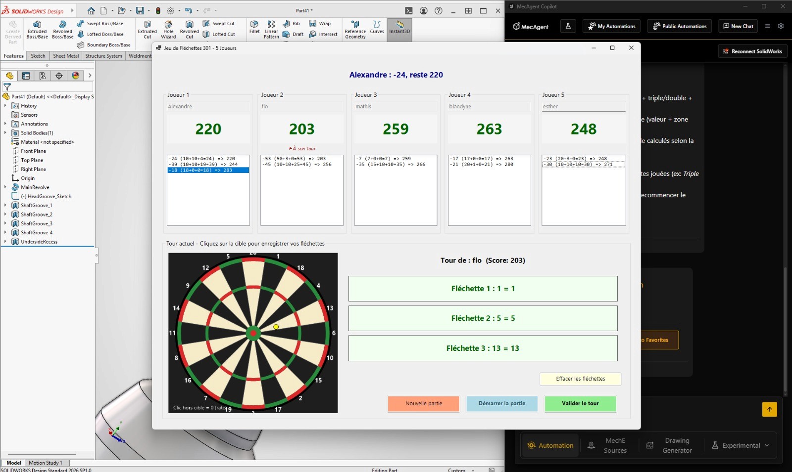 A screenshot of the SOLIDWORKS CAD environment. Centered over the interface is a custom-built, interactive 'Jeu de Fléchettes 301' (301 Dart Game) application, displaying player scores and a detailed dartboard. The MecAgent copilot sidebar is active on the right, demonstrating the capability to build non-CAD tools inside the software.