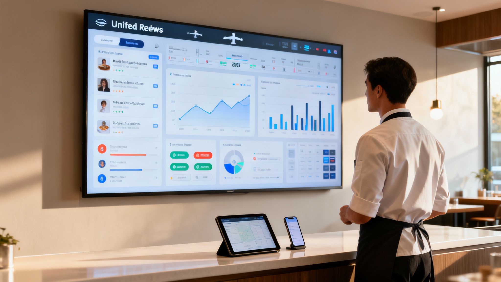Chef in uniform reviews a large screen displaying customer feedback, reviews, and business analytics.
