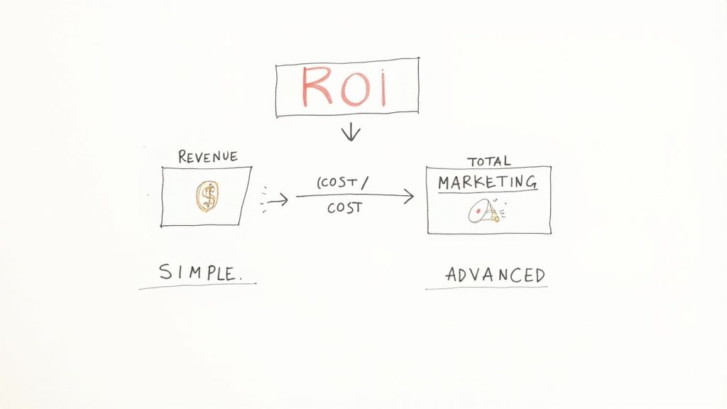 Diagram showing ROI calculation, contrasting simple revenue with advanced total marketing costs.