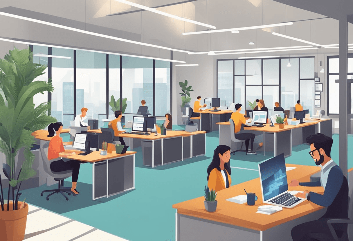 A bustling office with employees engaged in productive tasks, surrounded by motivational posters and a welcoming atmosphere