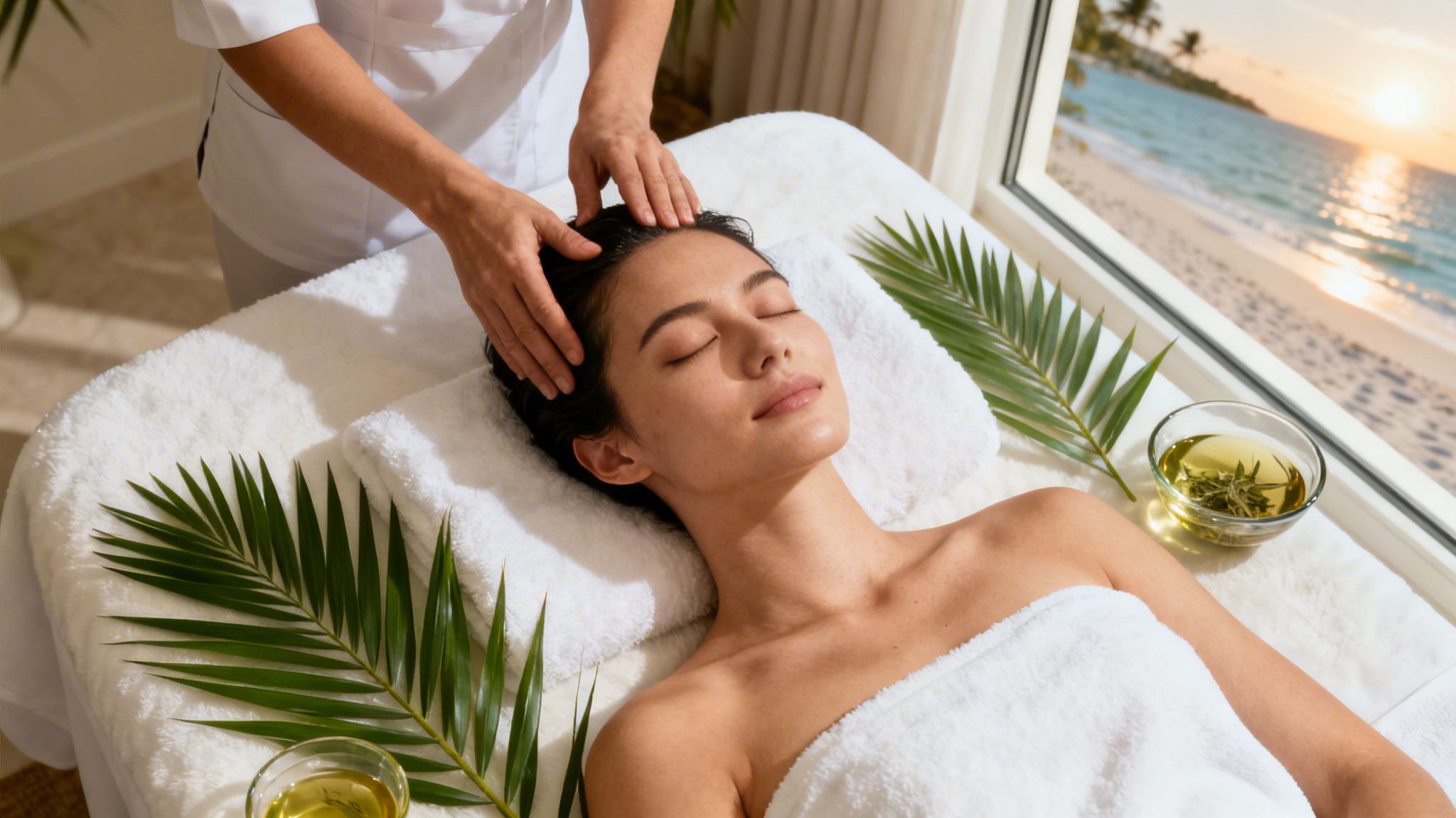 A woman receiving a head massage