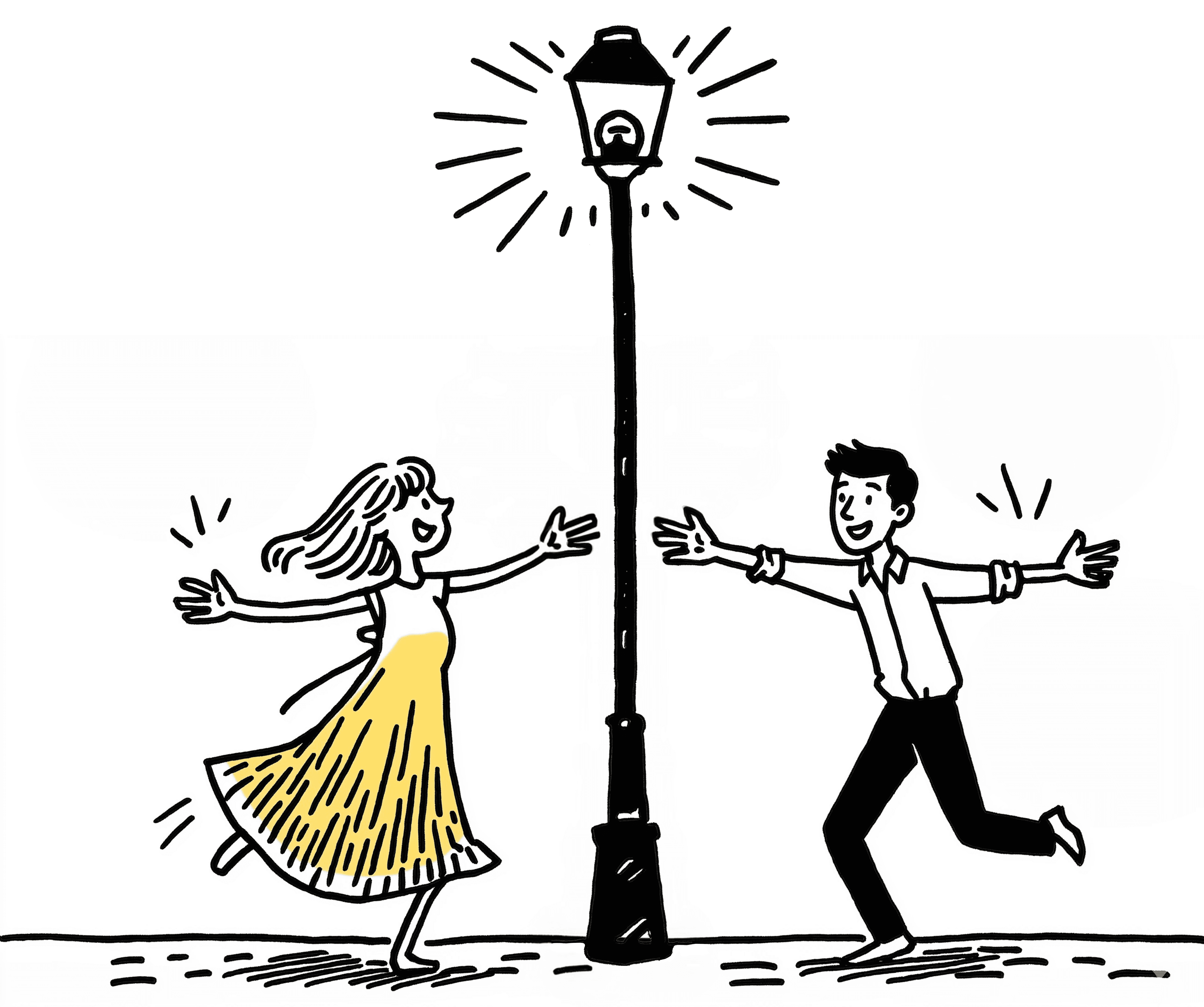 Cartoon illustration of a man and woman joyfully reuniting under a glowing street lamp