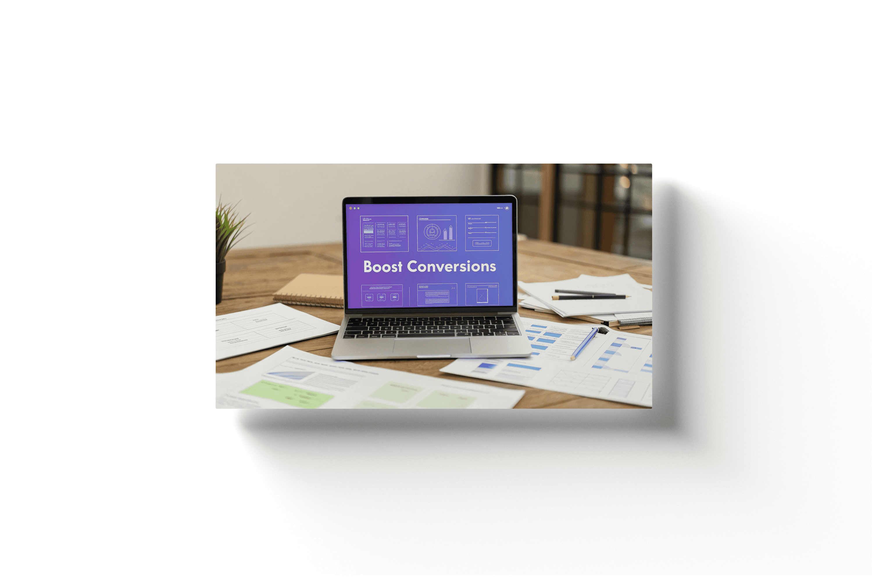 a laptop with a purple screen and the text 'boost conversions'