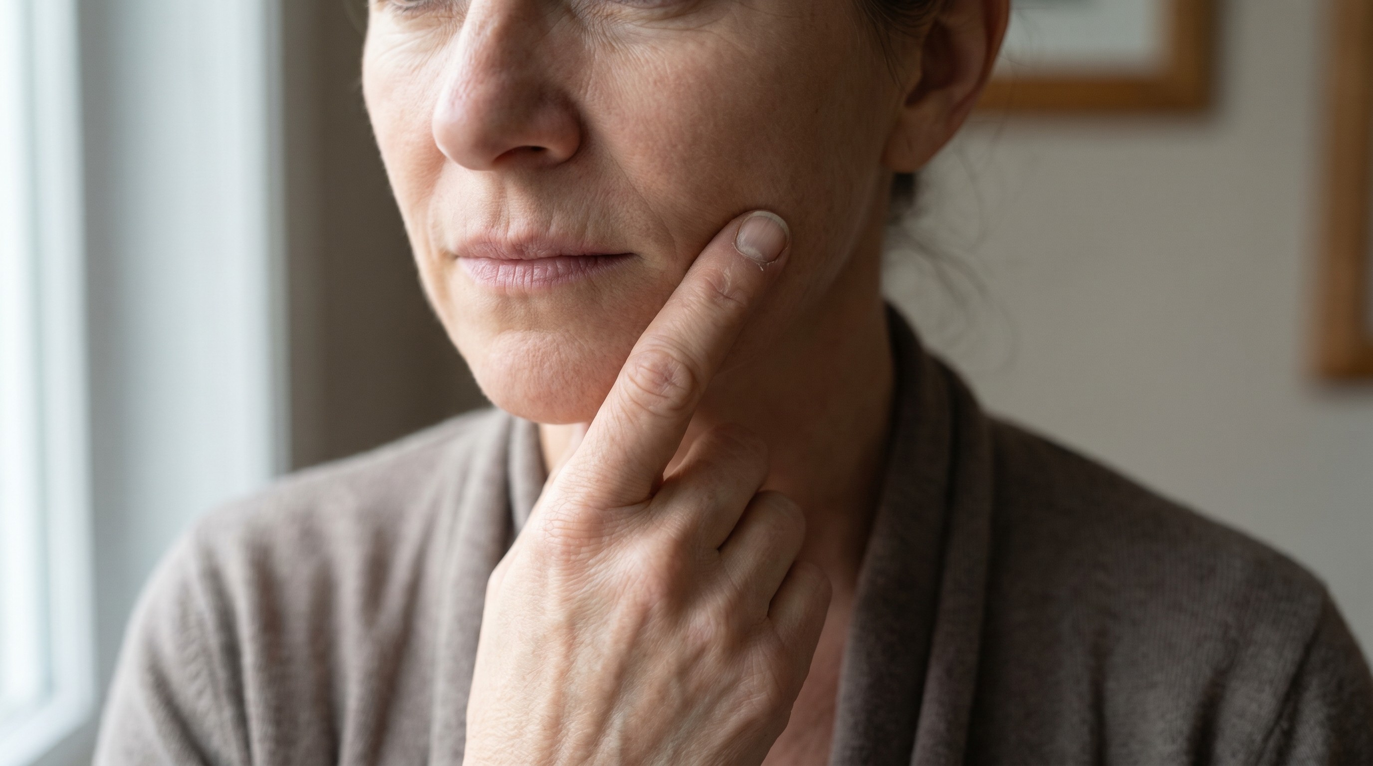 Adult patient touching cheek over lower jaw indicating localized tooth pain when biting