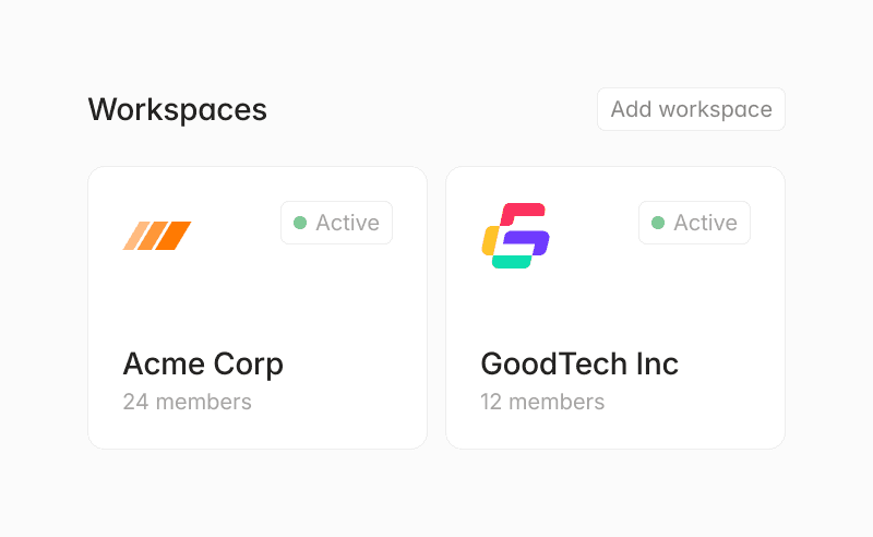 Two active workspaces: Acme Corp with 24 members and GoodTech Inc with 12 members.
