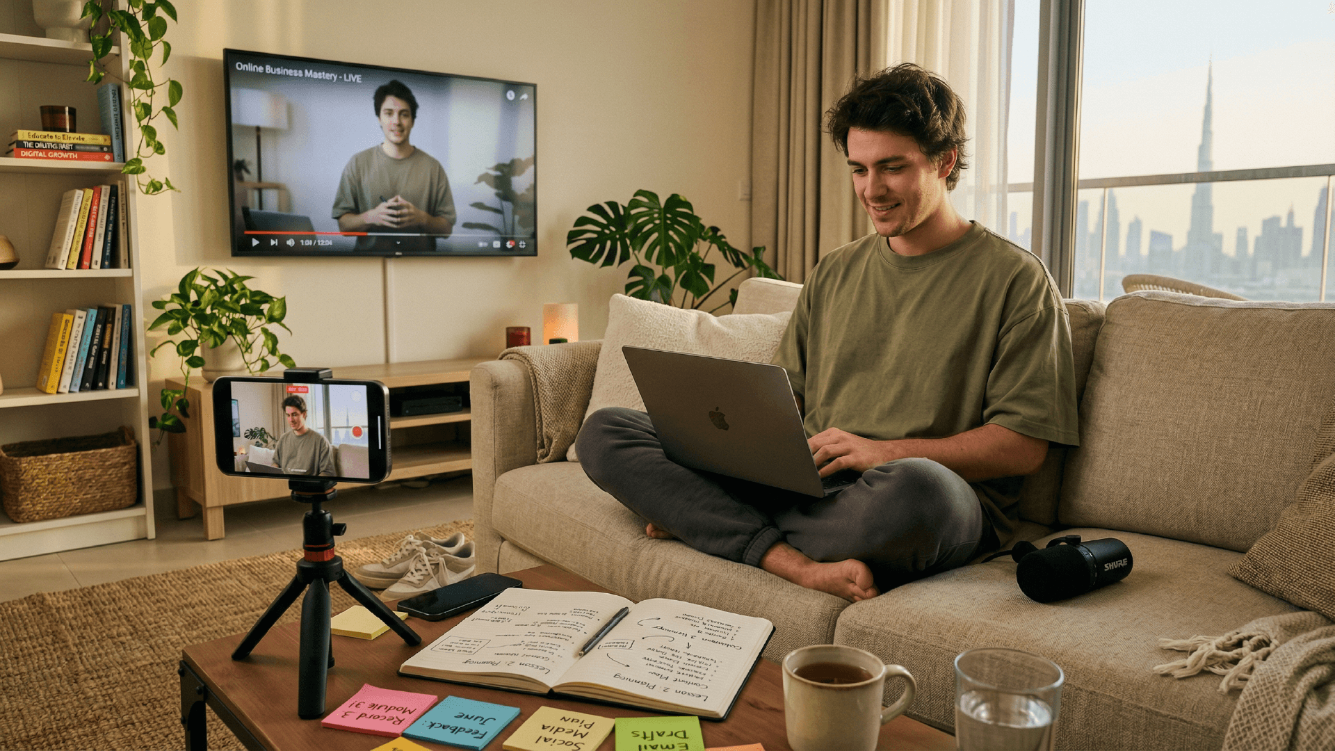 Online education entrepreneur recording e-learning content for a digital course platform in Dubai