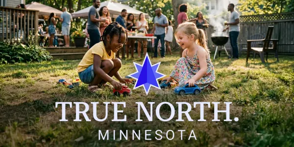 A Black girl and a white girl, both around five years old, crouch together in a sunny backyard laughing and playing with toy cars and trucks, while a diverse group of adults gather and socialize around a grill and picnic table in the background. The True North. Minnesota logo is overlaid in the lower center of the image.
