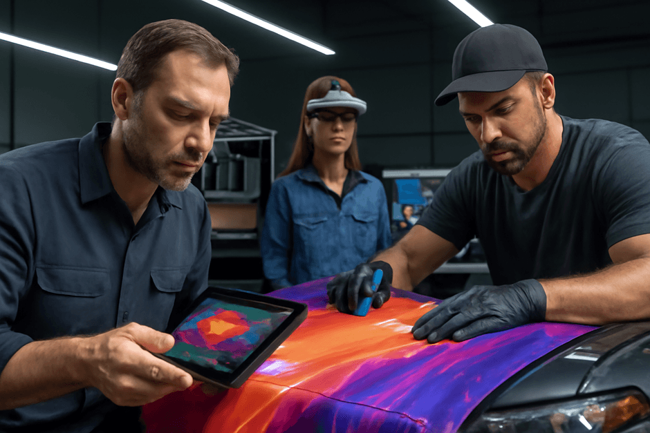 Fachleute wenden ein buntes Vinyl-Wrap auf ein Auto an