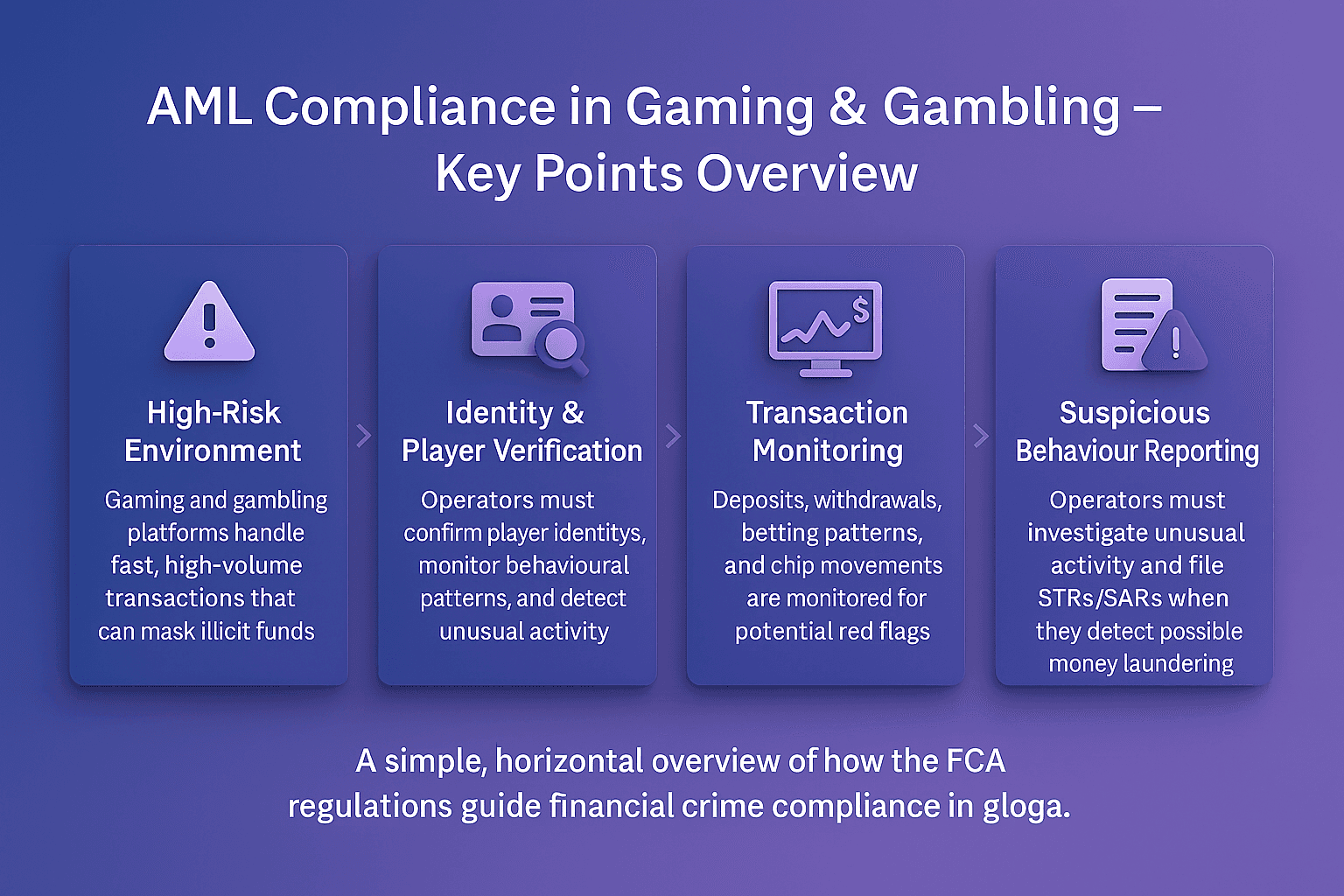 AML compliance in gaming and gambling flowchart showing high-risk environments, identity and player verification, transaction monitoring, and suspicious behaviour reporting to detect potential money laundering.