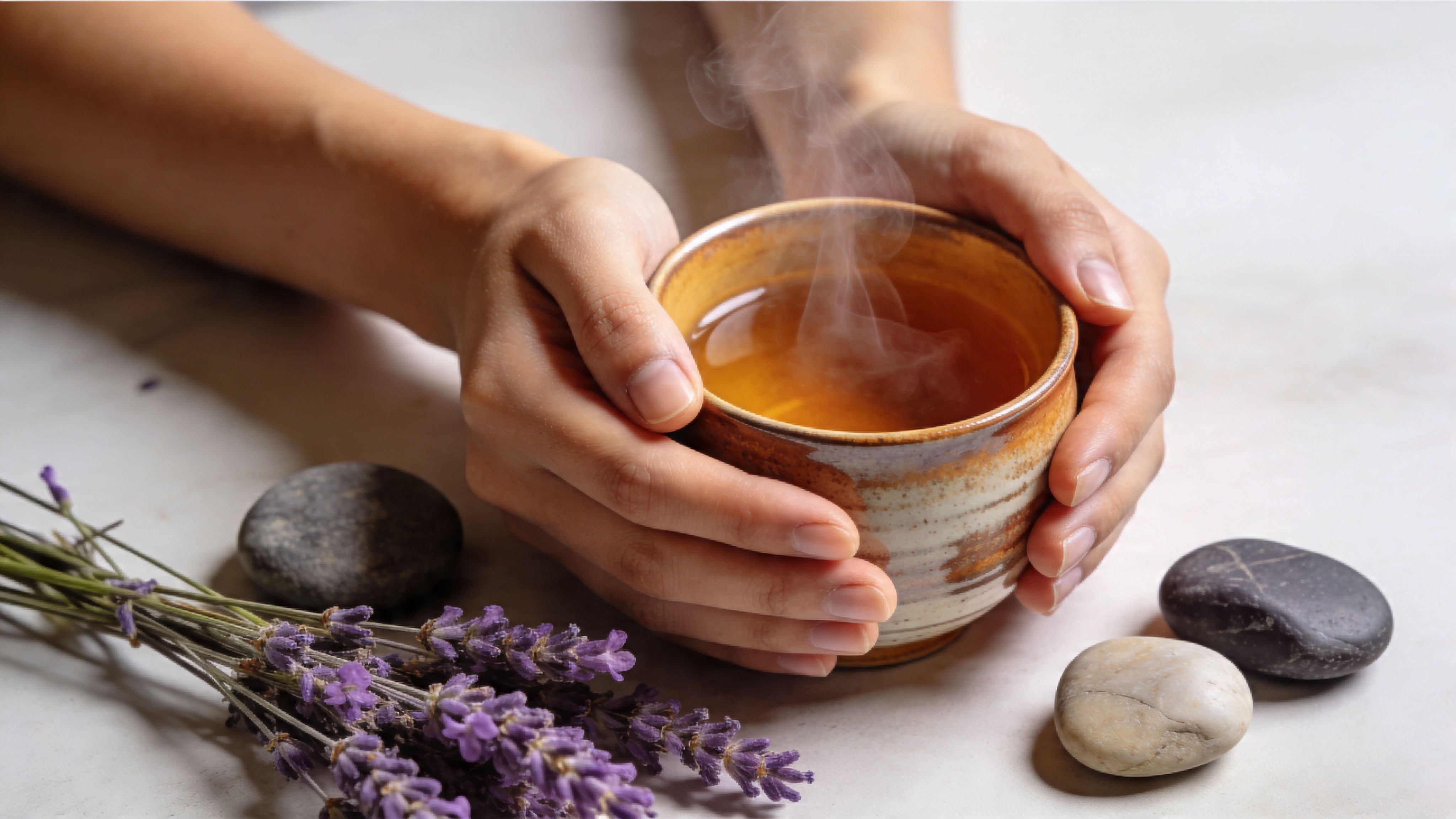 A person holds a warm cup of herbal tea surrounded by lavender sprigs and smooth spa stones.