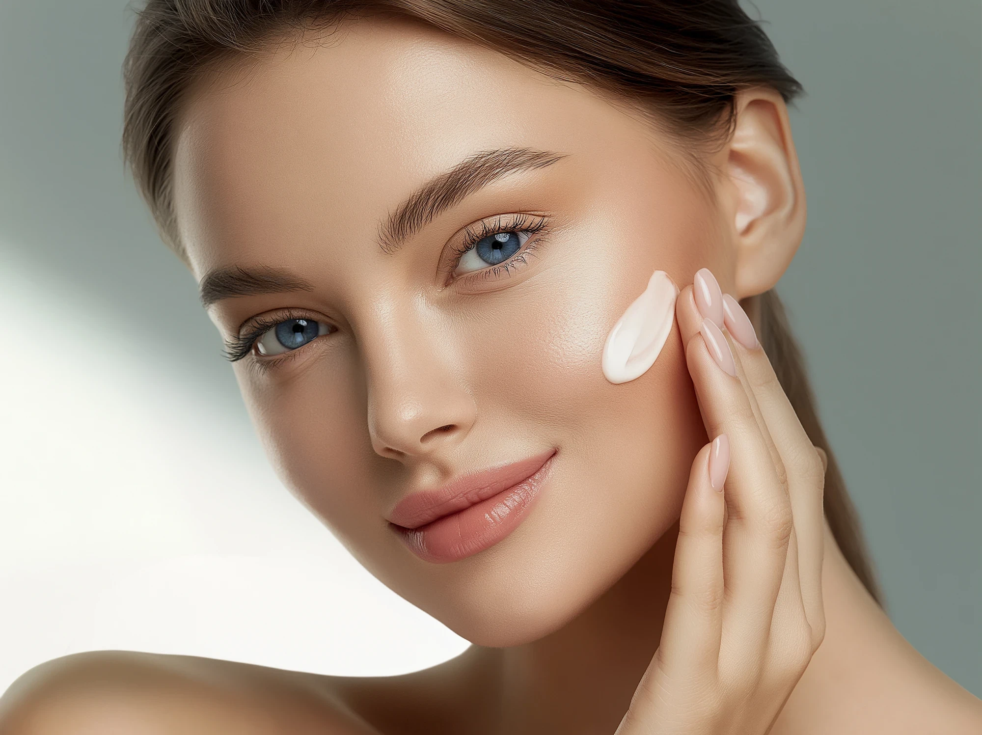 Close-up of a smiling woman with blue eyes applying cream to her cheek, featuring glowing skin and soft background lighting.