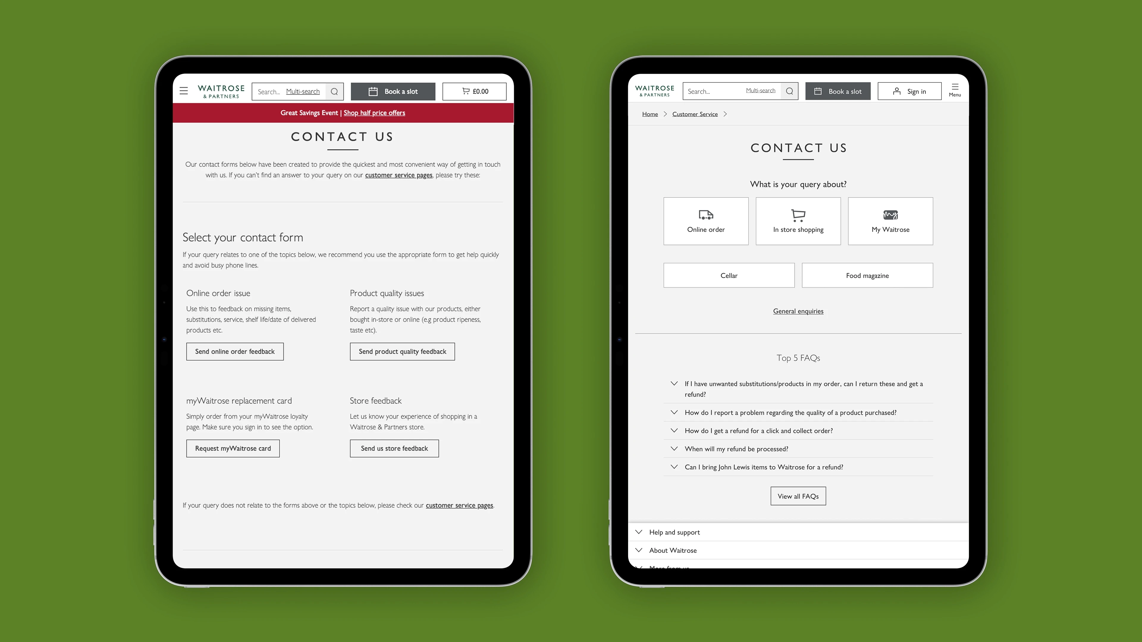 Side-by-side comparison of the old contact-form grid layout and the new Contact Us page with recommendation-led routing.