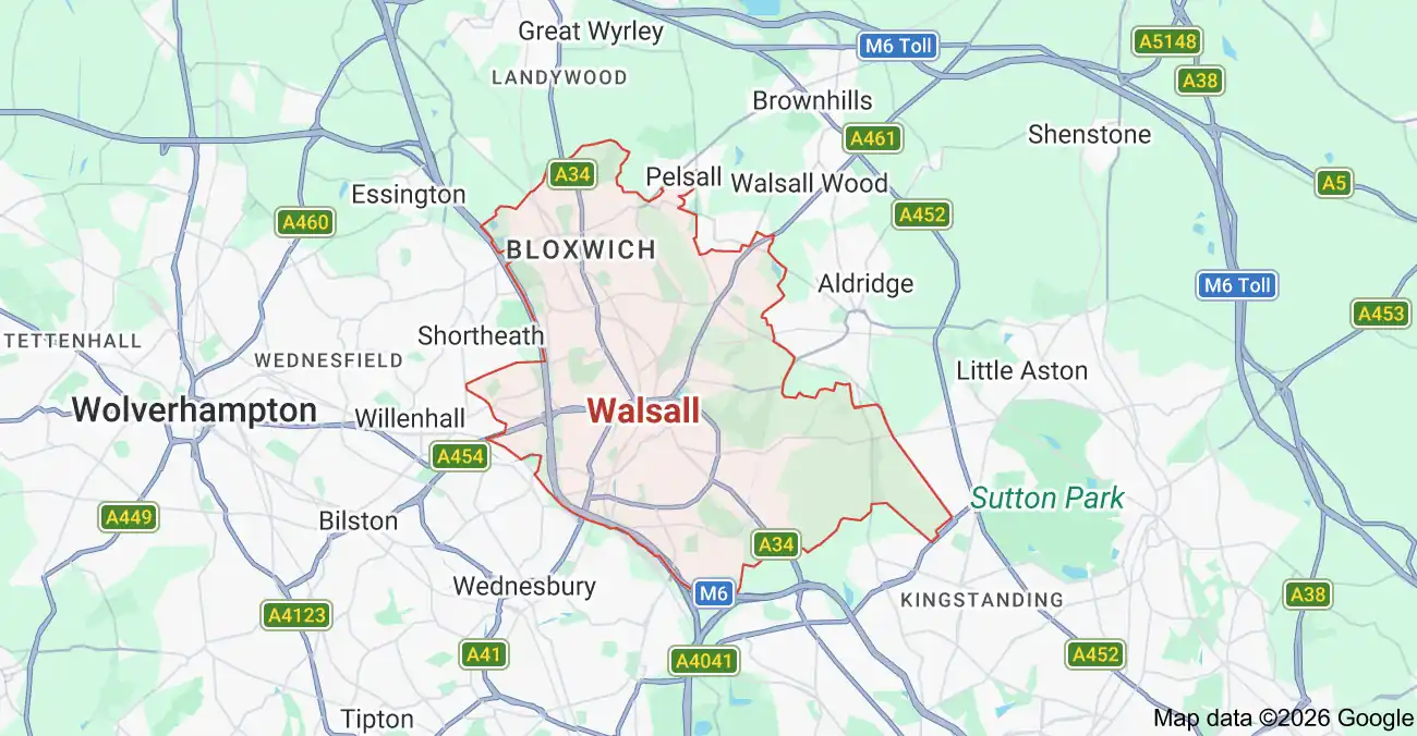 Map showing Walsall, England and surrounding areas.