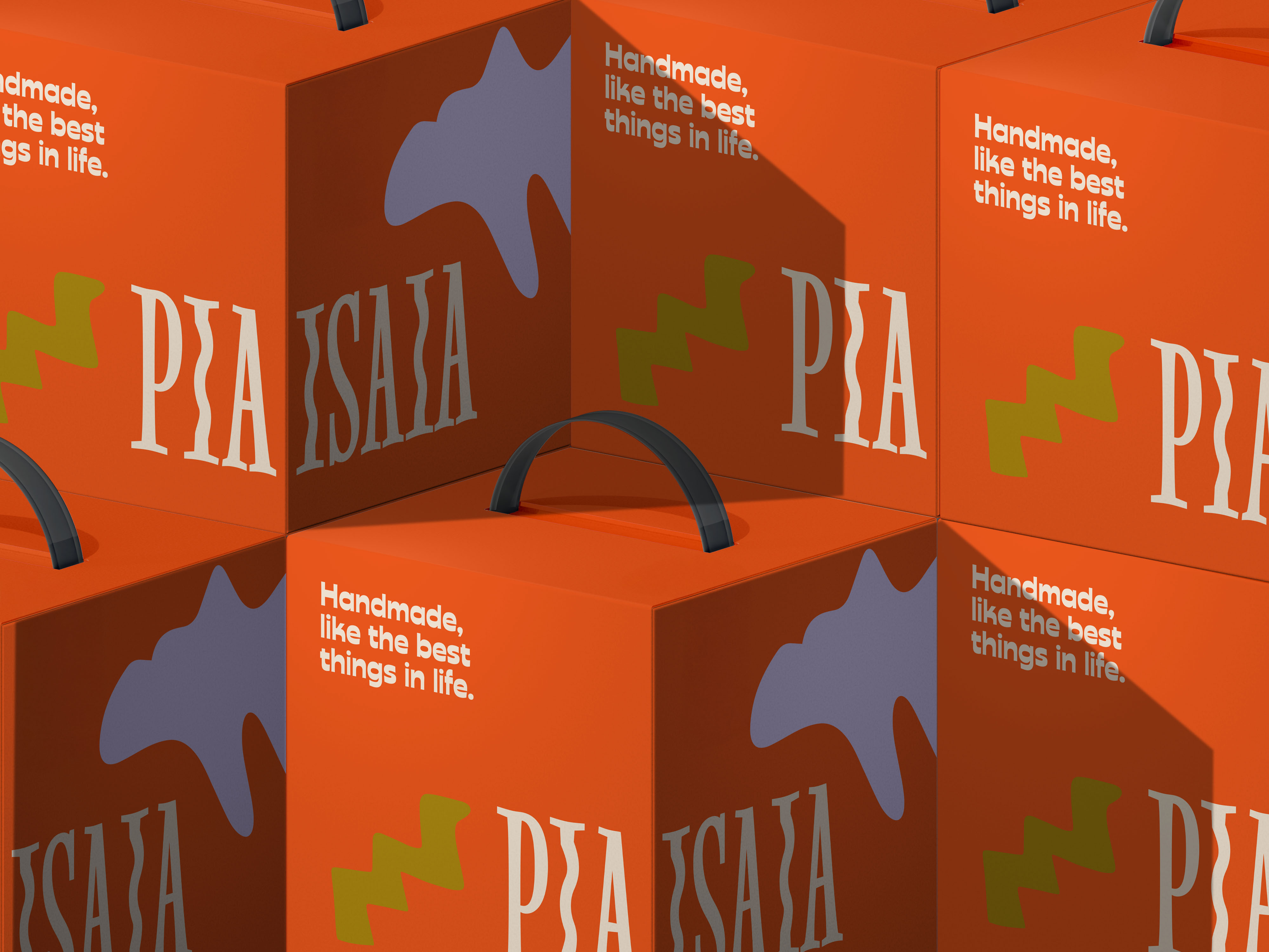 The image features a stack of vibrant orange shopping bags, each adorned with abstract designs and the text "Handmade, like the best things in life," alongside a stylized animal silhouette and the brand name "PIA," set against a shiny, branded texture.