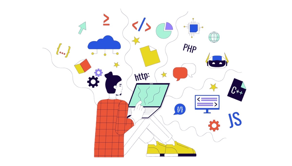 Illustration of a person sitting cross‑legged with a laptop, surrounded by icons for coding languages, cloud computing, data, AI, and web technologies.