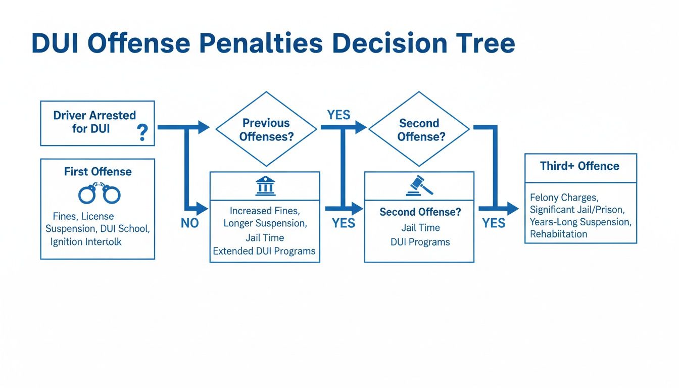 DUI offense penalties decision tree outlining legal consequences based on number of prior offenses.