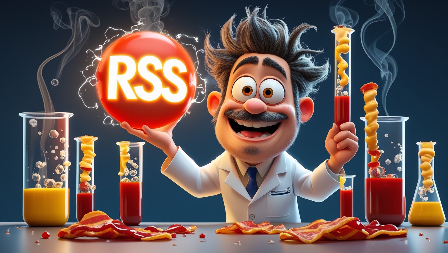 crazy but friendly cartoon scientist with messy hair, wearing a white lab coat, holding a giant glowing RSS LOGO