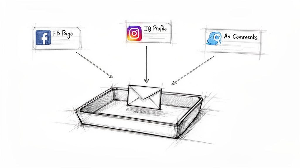 Sketch of Facebook Page, Instagram Profile, and Ad Comments funnelling messages into a unified inbox.