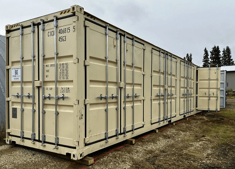 40' High Cube New container with 4 Side Doors delivered on a farm