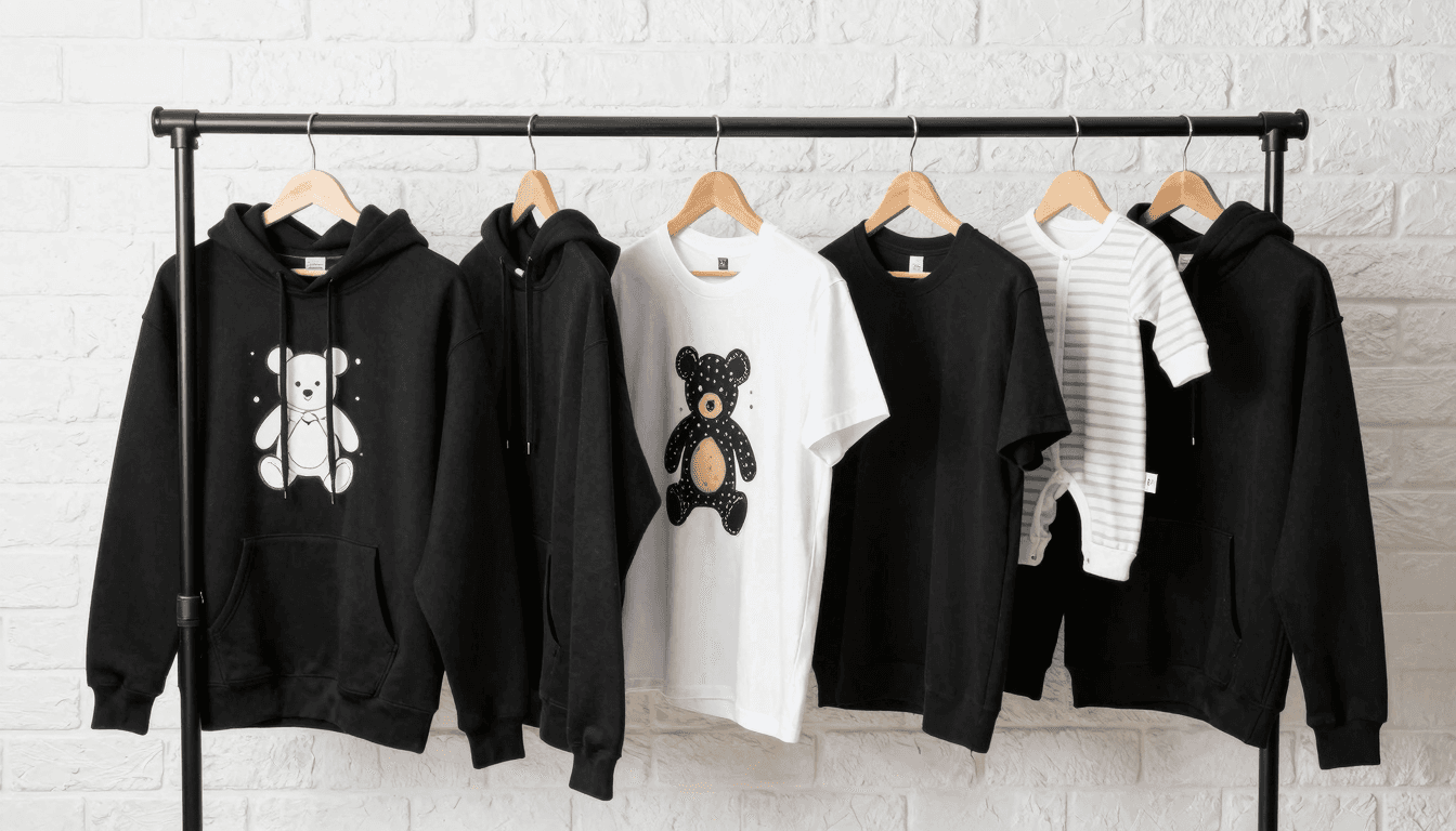 Array of print on demand apparel hanging on a rack with colorful designs