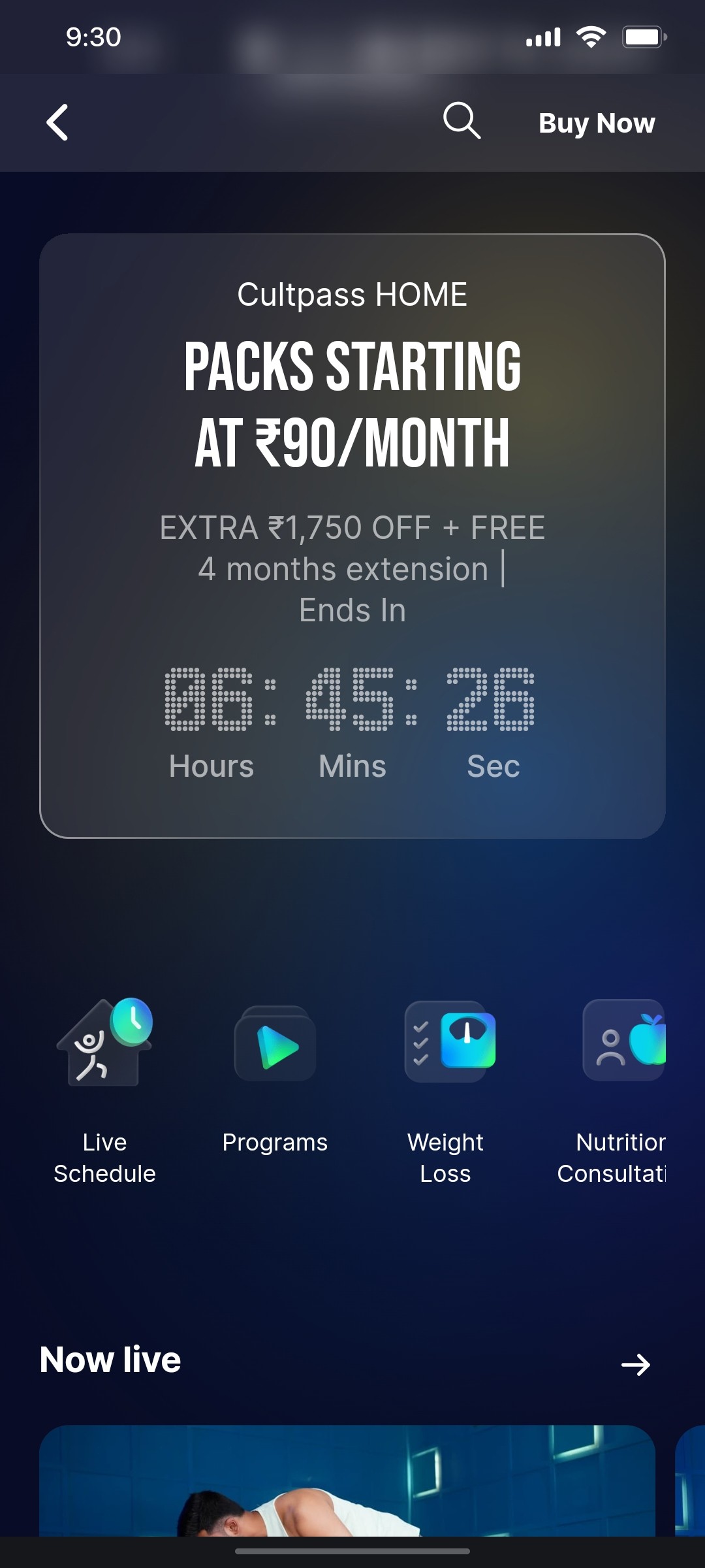 Cult.fit App Now Live Screen